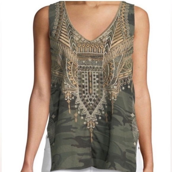 Johnny Was Crochet V Neck Terrazzo and Camo Tank Green Tan Womens size Small - Picture 2 of 8